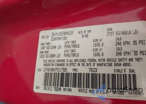 2007 Dodge Dakota Slt from USA, damaged, VIN 1D7HE48KX7S117591